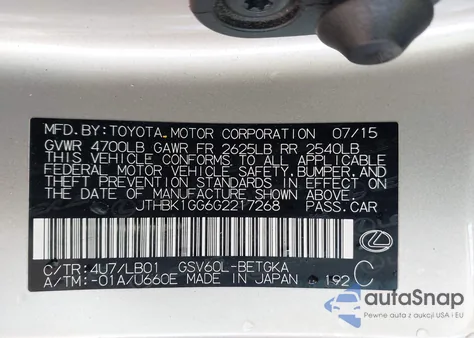 2016 Lexus Es 350 from USA, damaged, VIN JTHBK1GG6G2217268